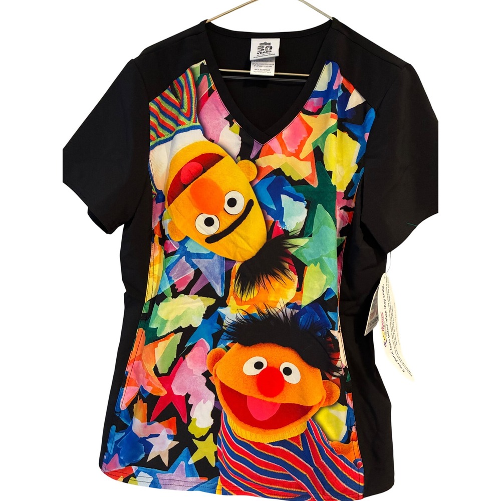 Cherokee Tooniforms Sesame Street 50 Years Bert Ernie Scrub Top XS TF637 Black